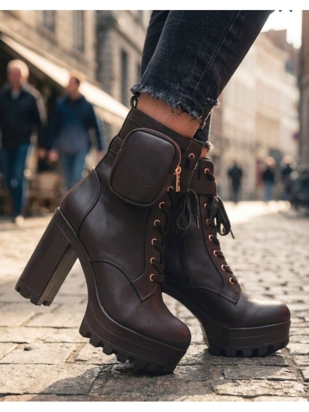 Chunky Black High-Heel Ankle Boots With Lace-Up Design with Side Pouch Rugged Pl